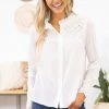Shewin LONG SLEEVES White Eyelet Detail Textured Button Up Top