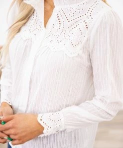 Shewin LONG SLEEVES White Eyelet Detail Textured Button Up Top