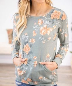 BE Stage Tops Sage Multicolor Floral Top With Pockets