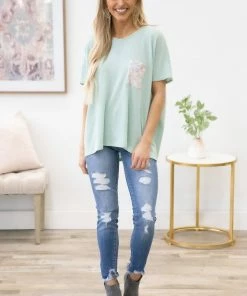 BE Stage Mint Dolman Sleeve Animal Print Pocket Top SHORT SLEEVES