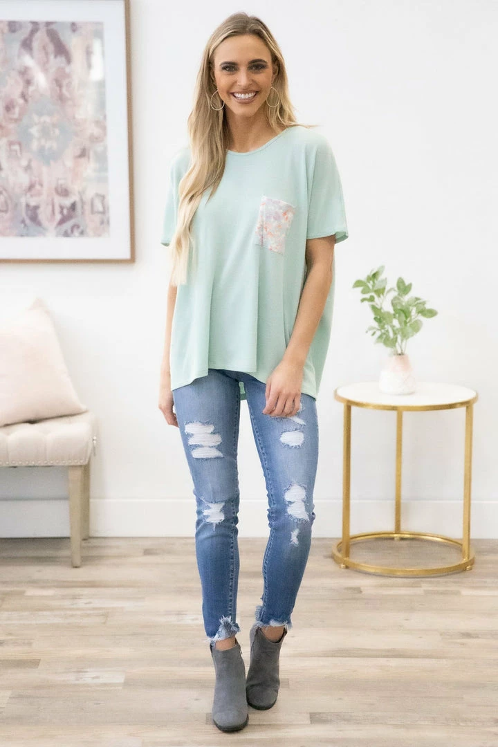 BE Stage Mint Dolman Sleeve Animal Print Pocket Top SHORT SLEEVES 4 BE Stage Mint Dolman Sleeve Animal Print Pocket Top SHORT SLEEVES