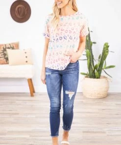 BOMBOM Tops Peach Multicolor Animal Print Top