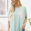 BE Stage Mint Dolman Sleeve Animal Print Pocket Top SHORT SLEEVES