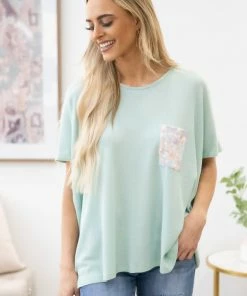 BE Stage Mint Dolman Sleeve Animal Print Pocket Top SHORT SLEEVES