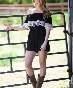 Lovely Melody Black And Cream Crochet Trim Romper