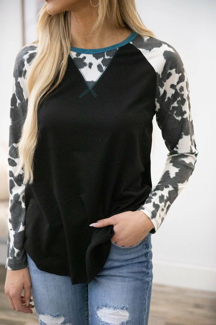 Avery Apparel Black Cow Print Sleeve Top With Elbow Patches 6 Avery Apparel Black Cow Print Sleeve Top With Elbow Patches