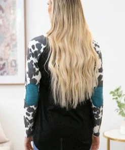 Avery Apparel Black Cow Print Sleeve Top With Elbow Patches 8 Avery Apparel Black Cow Print Sleeve Top With Elbow Patches