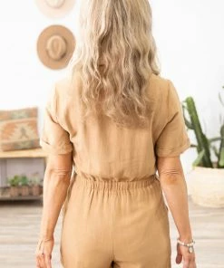 Very J Dresses Camel Button Front Elastic Waist Romper