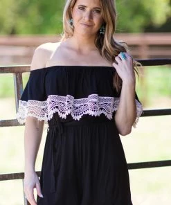 Lovely Melody Black And Cream Crochet Trim Romper