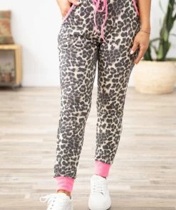 7th Ray Bottoms Mocha And Neon Pink Animal Print Joggers