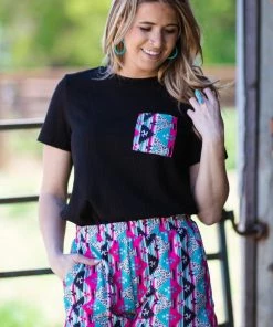 Shewin Black Multicolor Aztec Print Top And Short Set