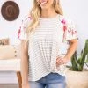 Cherish Ivory Striped Knot Front Floral Sleeve Top Tops