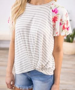 Cherish Ivory Striped Knot Front Floral Sleeve Top Tops 8 Cherish Ivory Striped Knot Front Floral Sleeve Top Tops