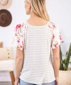 Cherish Ivory Striped Knot Front Floral Sleeve Top Tops 7 Cherish Ivory Striped Knot Front Floral Sleeve Top Tops