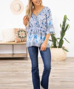 Davi & Dani LONG SLEEVES Blue Multicolor Floral Surplice Front Top