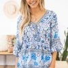 Davi & Dani LONG SLEEVES Blue Multicolor Floral Surplice Front Top