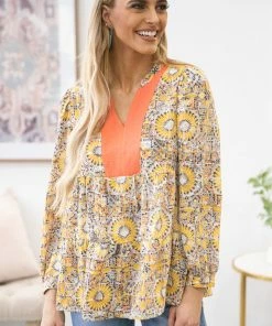 Lime N Chili LONG SLEEVES Mustard And Orange Geometric Print Peasant Top