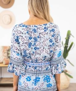 Davi & Dani LONG SLEEVES Blue Multicolor Floral Surplice Front Top 10 Davi & Dani LONG SLEEVES Blue Multicolor Floral Surplice Front Top