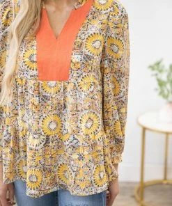 Lime N Chili LONG SLEEVES Mustard And Orange Geometric Print Peasant Top