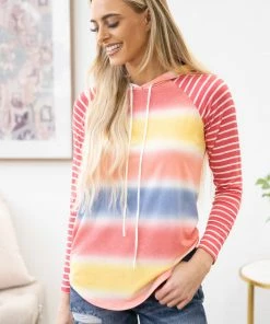 7th Ray LONG SLEEVES Pink Stripe Sleeve And Ombre Hoodie