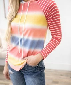 7th Ray LONG SLEEVES Pink Stripe Sleeve And Ombre Hoodie