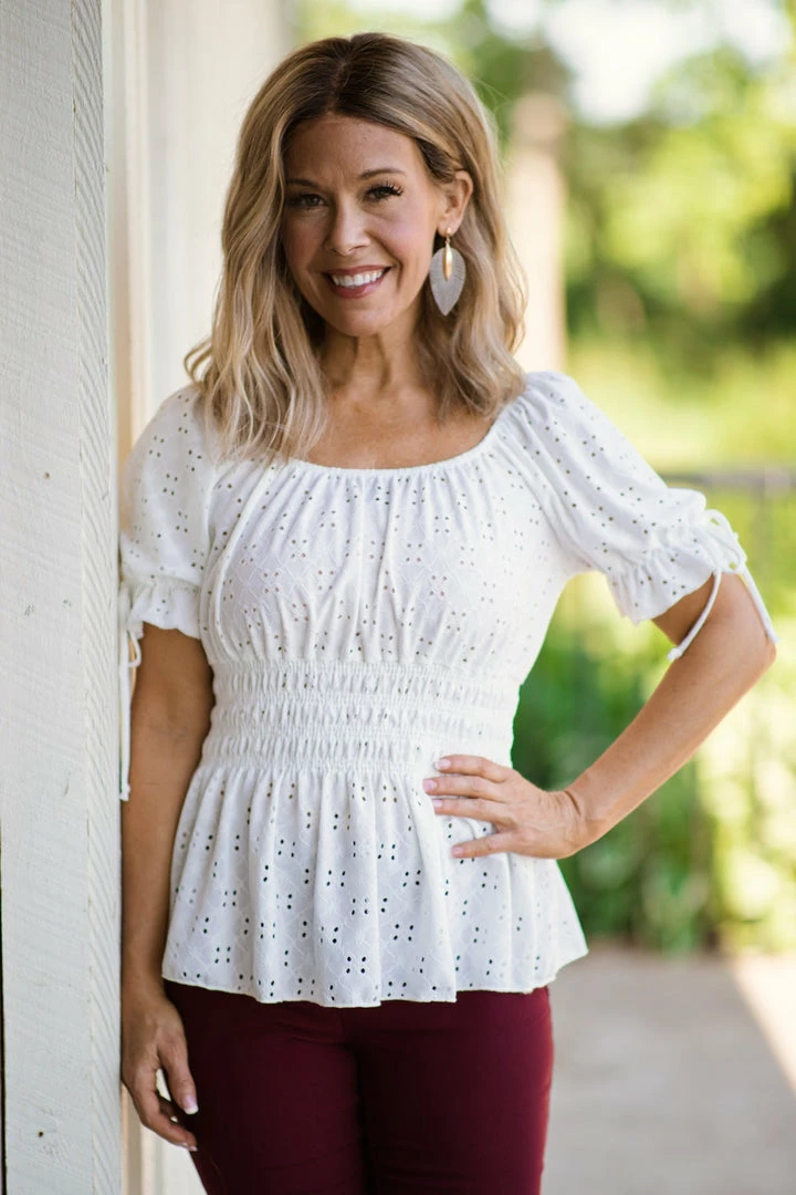 Hailey And Co Ivory Eyelet Puff Sleeve Peplum Top 4 Hailey And Co Ivory Eyelet Puff Sleeve Peplum Top