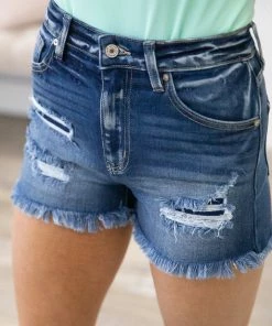 Kancan Dark Wash Raw Hem Patch Shorts Bottoms