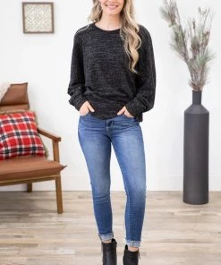 White Birch Black Heathered Top With Back Cutout