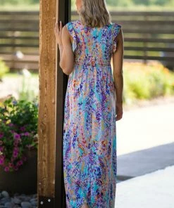 Beeson River Aqua Multicolor Leaf Maxi Dress Dresses