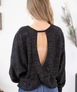 White Birch Black Heathered Top With Back Cutout