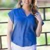 Denim BLVD Tops Dusty Blue Chambray V-Neck Top