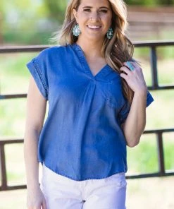 Denim BLVD Tops Dusty Blue Chambray V-Neck Top