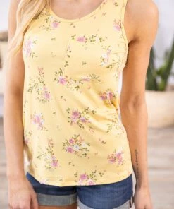 PS KATE Yellow Floral Print Tank With Pocket TANK TOPS