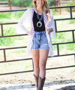 Love Tree Tops Off White Bell Sleeve Crochet Trim Kimono