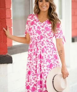 Acting Pro Dresses Pink And White Floral Dress With Tie Sleeve