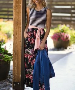Reborn J Dresses Navy And Pink Floral Skirt Maxi Dress