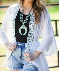 Love Tree Tops Off White Bell Sleeve Crochet Trim Kimono
