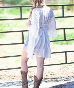 Love Tree Tops Off White Bell Sleeve Crochet Trim Kimono