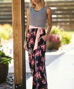 Reborn J Dresses Navy And Pink Floral Skirt Maxi Dress