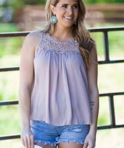 ADORA Mocha Crochet Lace Yoke Tank Tops