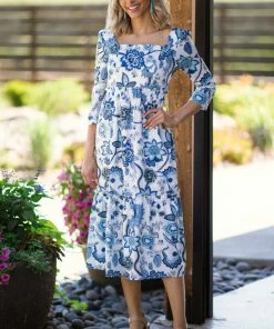 Miss Kelly Dresses White And Dusty Blue Floral Long Sleeve Dress