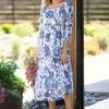 Miss Kelly Dresses White And Dusty Blue Floral Long Sleeve Dress