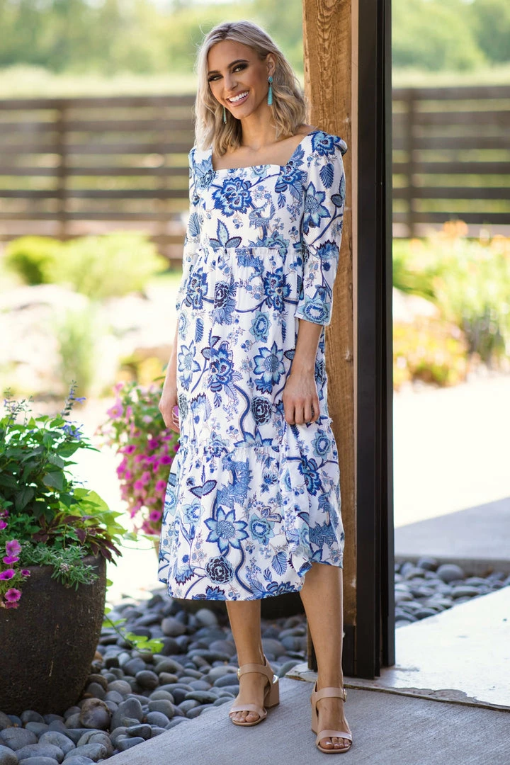 Miss Kelly Dresses White And Dusty Blue Floral Long Sleeve Dress 3 Miss Kelly Dresses White And Dusty Blue Floral Long Sleeve Dress