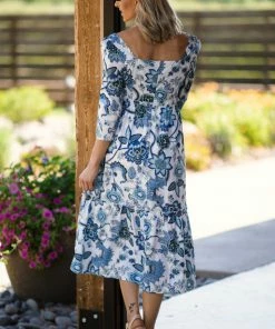 Miss Kelly Dresses White And Dusty Blue Floral Long Sleeve Dress 9 Miss Kelly Dresses White And Dusty Blue Floral Long Sleeve Dress
