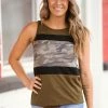 Doe & Rae Tops Olive And Black Camo Print Colorblock Tank
