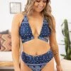 Shewin Navy Paisley Print Two Piece Swimsuit SWIMWEAR