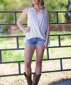 ADORA Cream Surplice Front Crochet Lace Yoke Tank Tops