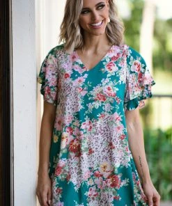 Andree By Unit Dresses Teal Multicolor Floral Short Sleeve Dress