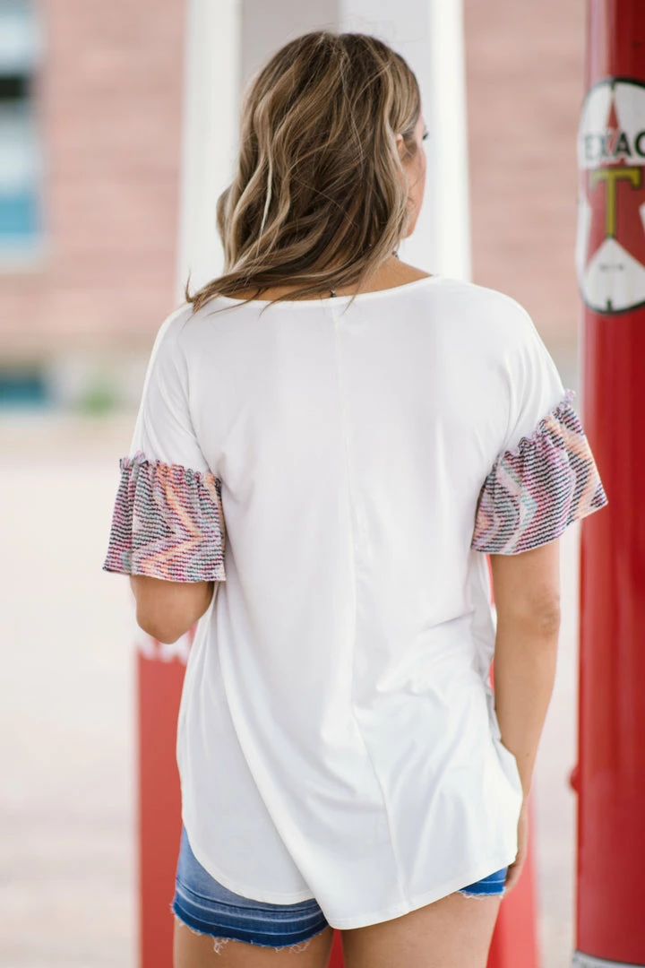 Melon White Multicolor Top With Chevron Bell Sleeves SHORT SLEEVES 5 Melon White Multicolor Top With Chevron Bell Sleeves SHORT SLEEVES