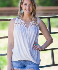 ADORA Cream Surplice Front Crochet Lace Yoke Tank Tops